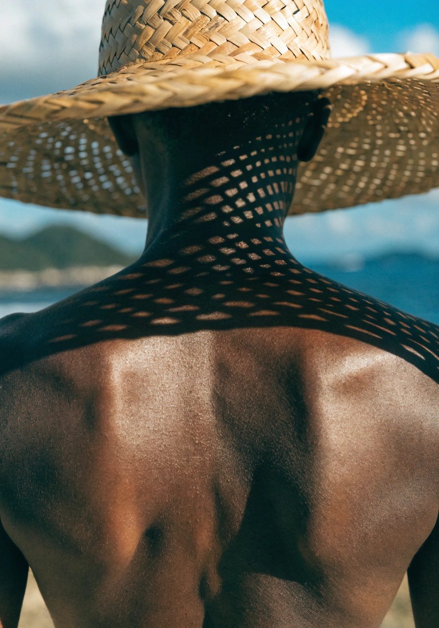 A straw hat casting its pattern across a shoulder